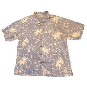 Tommy Bahama Shirt Mens XL Blue Silk White Hawaiian Floral Aloha Resortwear
